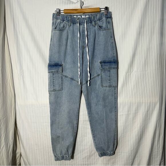 S.O.N.G Junior’s Cargo Denim Joggers Size 5/27 Drawstring Elastic Waist Pants - Picture 1 of 5